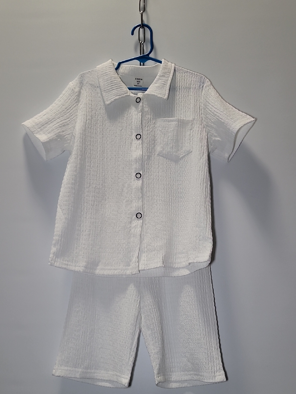 Shein White Textured Two-Piece Button Shirt and Shorts Set